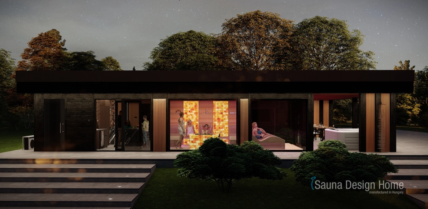 Saunový domek s večerním náladovým osvětlením