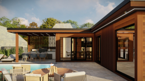 Perspektivní pohled shora na venkovní saunový dům