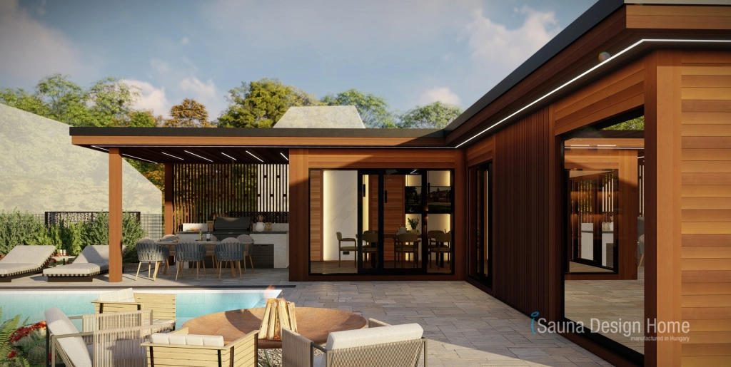 Perspektivní pohled shora na venkovní saunový dům