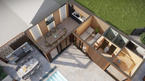 Perspektivní pohled shora na venkovní saunový dům