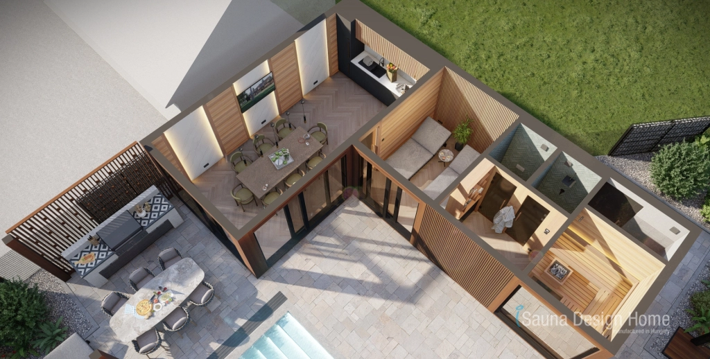 Perspektivní pohled shora na venkovní saunový dům